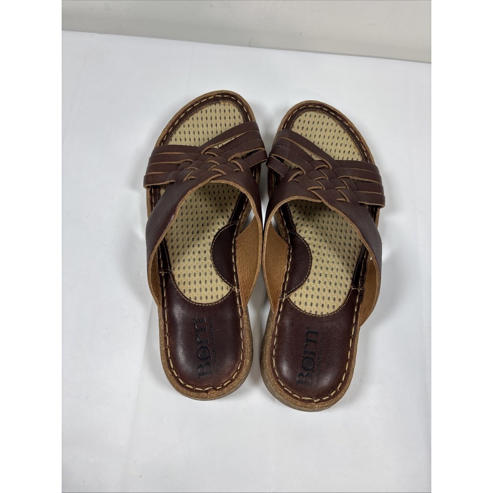 Born Womens 7 Cross Cross Slip On MLAS Brown Leather Slides Flats Casual Comfort - Picture 6 of 12